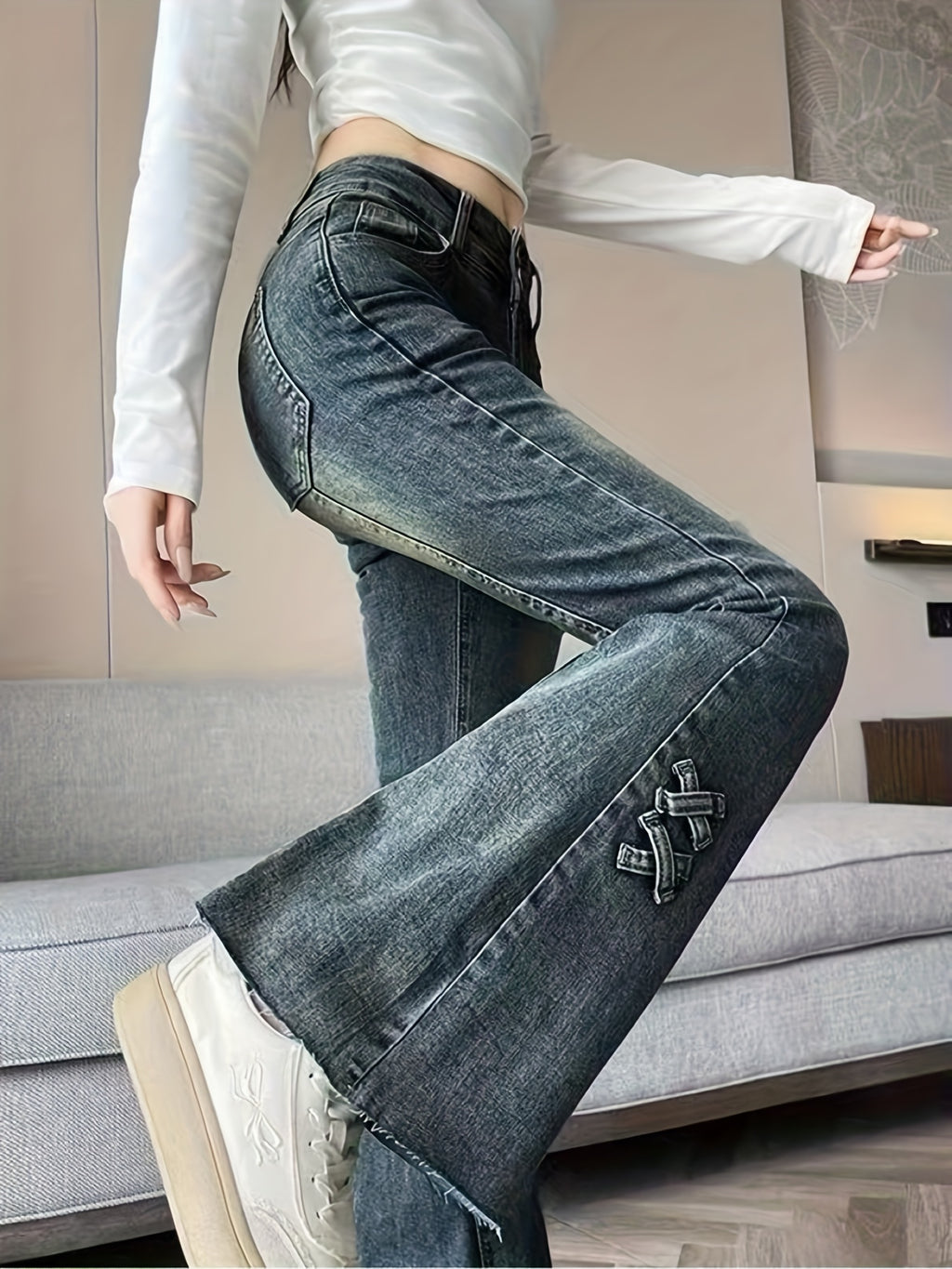 Retro Double Button Flared Jeans