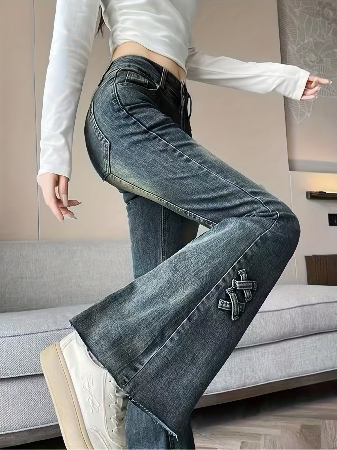 Retro Double Button Flared Jeans