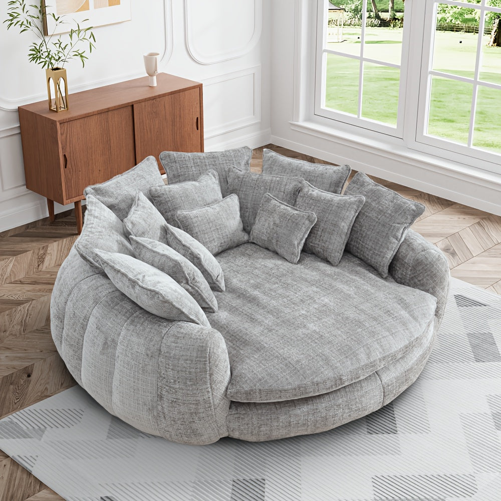 81" Upholstered Chenille Round Sofa Bed with Plush Fluffy Cushion
