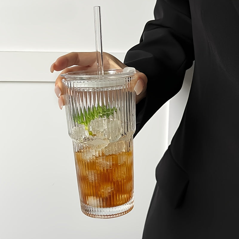 {1/2/4pcs] LDQ Striped Glass Cups with Straws & Lids