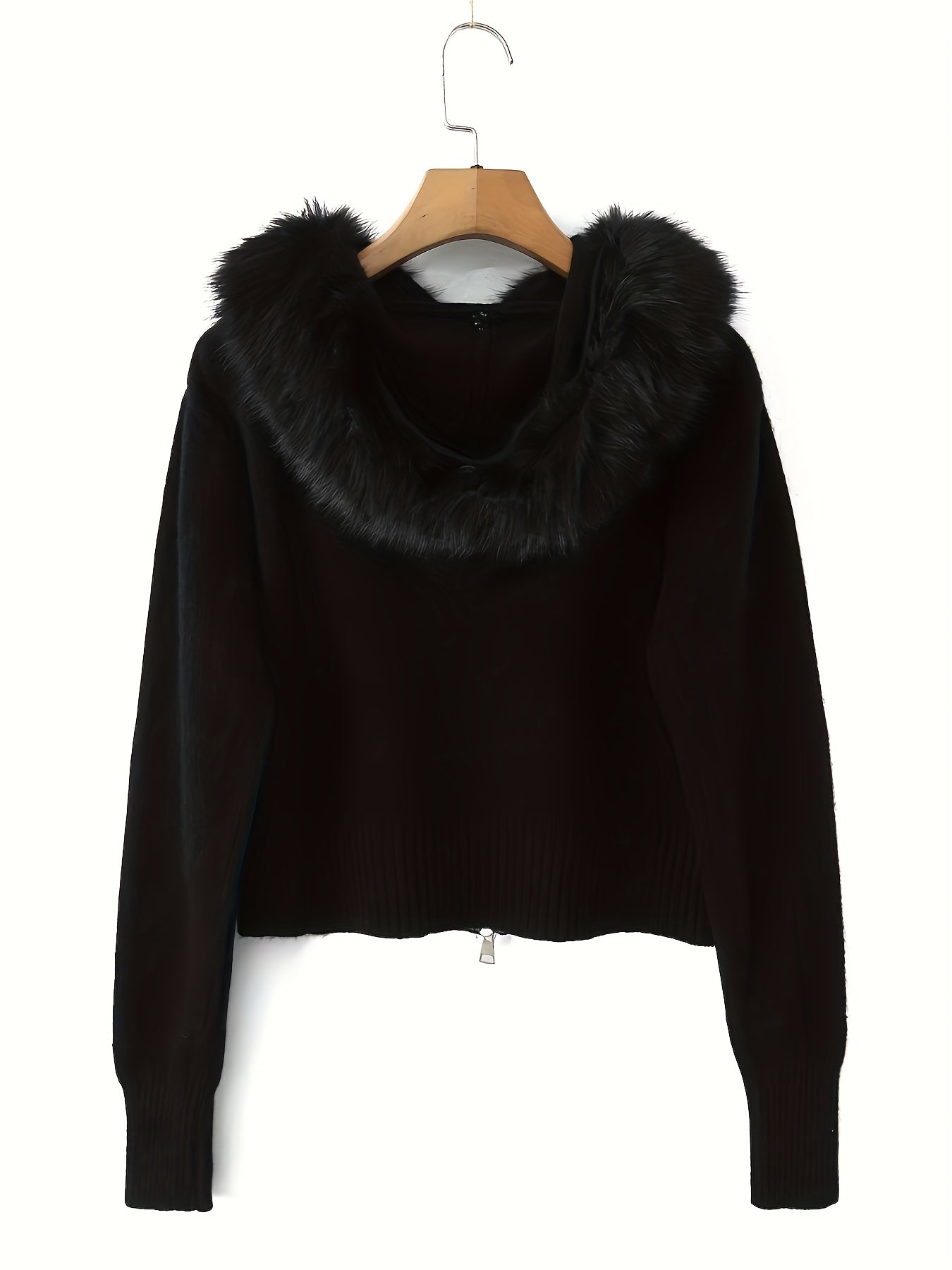 Hooded Zip-Up Cardigan with Faux Fur Trim