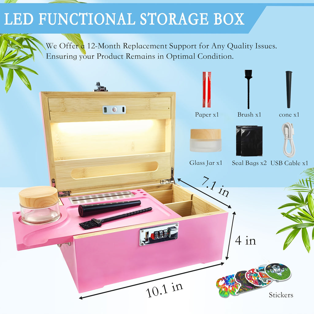 Premium Large Secure Stash Box with LED Light, Lockable Wooden Storage Organizer with Tray & Accessories
