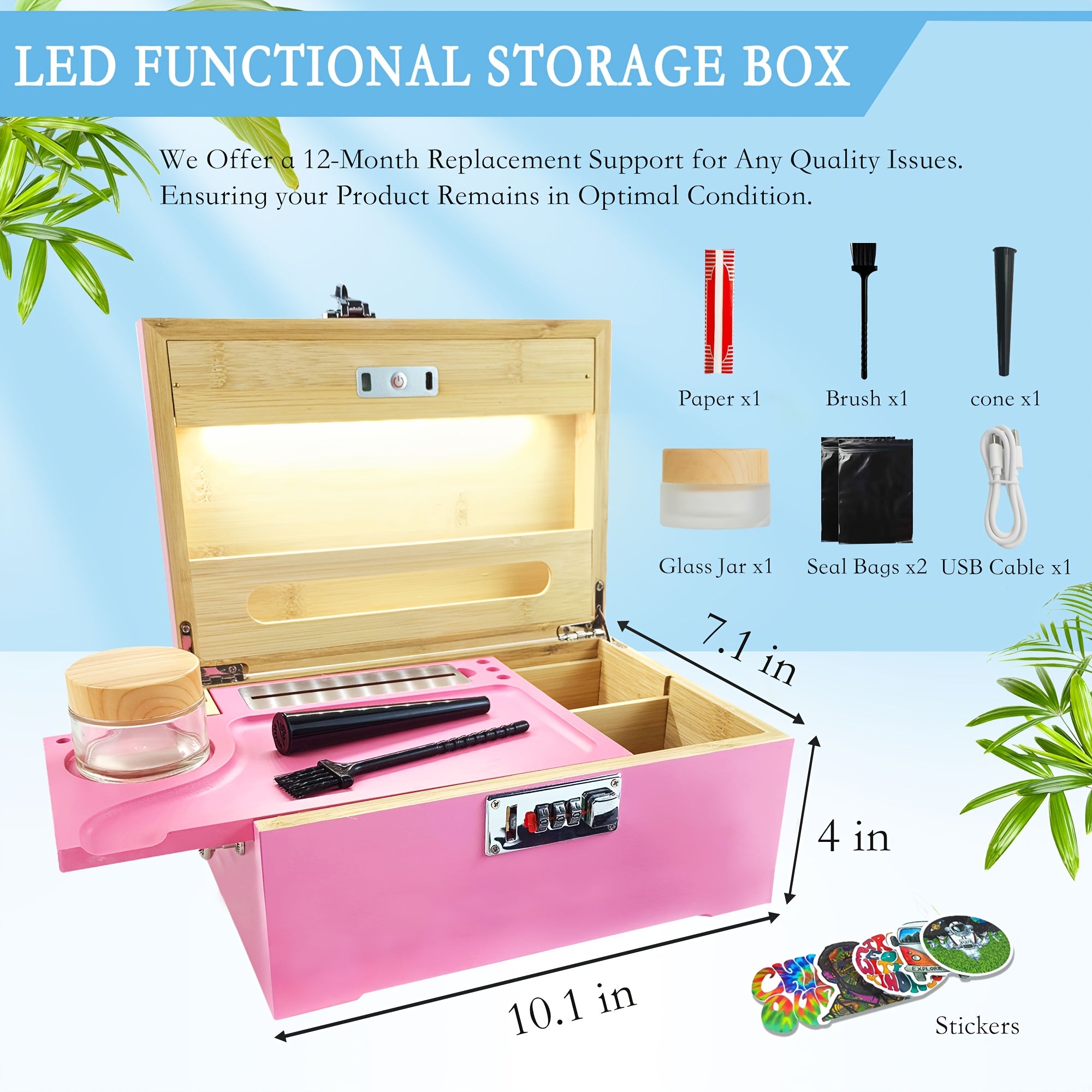 Premium Large Secure Stash Box with LED Light, Lockable Wooden Storage Organizer with Tray & Accessories