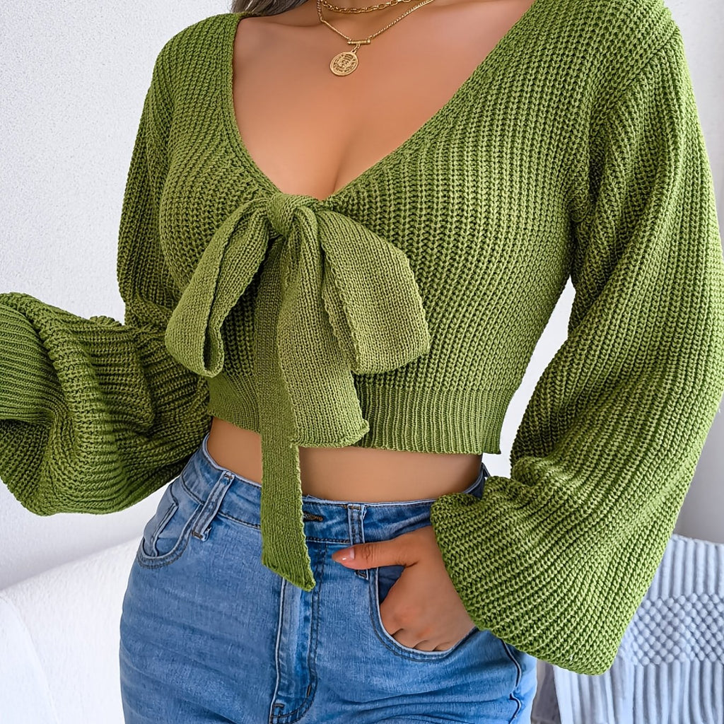Bowknot V-Neck Crop Sweater