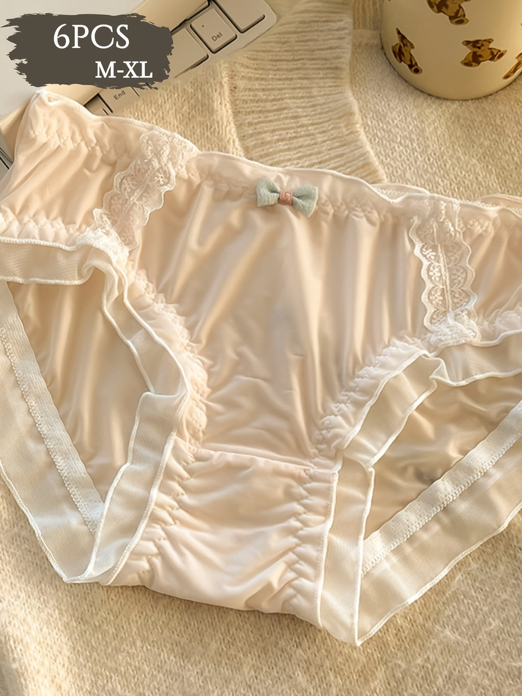 {6pcs} Lace Seamless Breathable, Comfortable, Soft, Light Beige Friendly, Sweet Bow Design Machine Washable Mid Waist Underwear