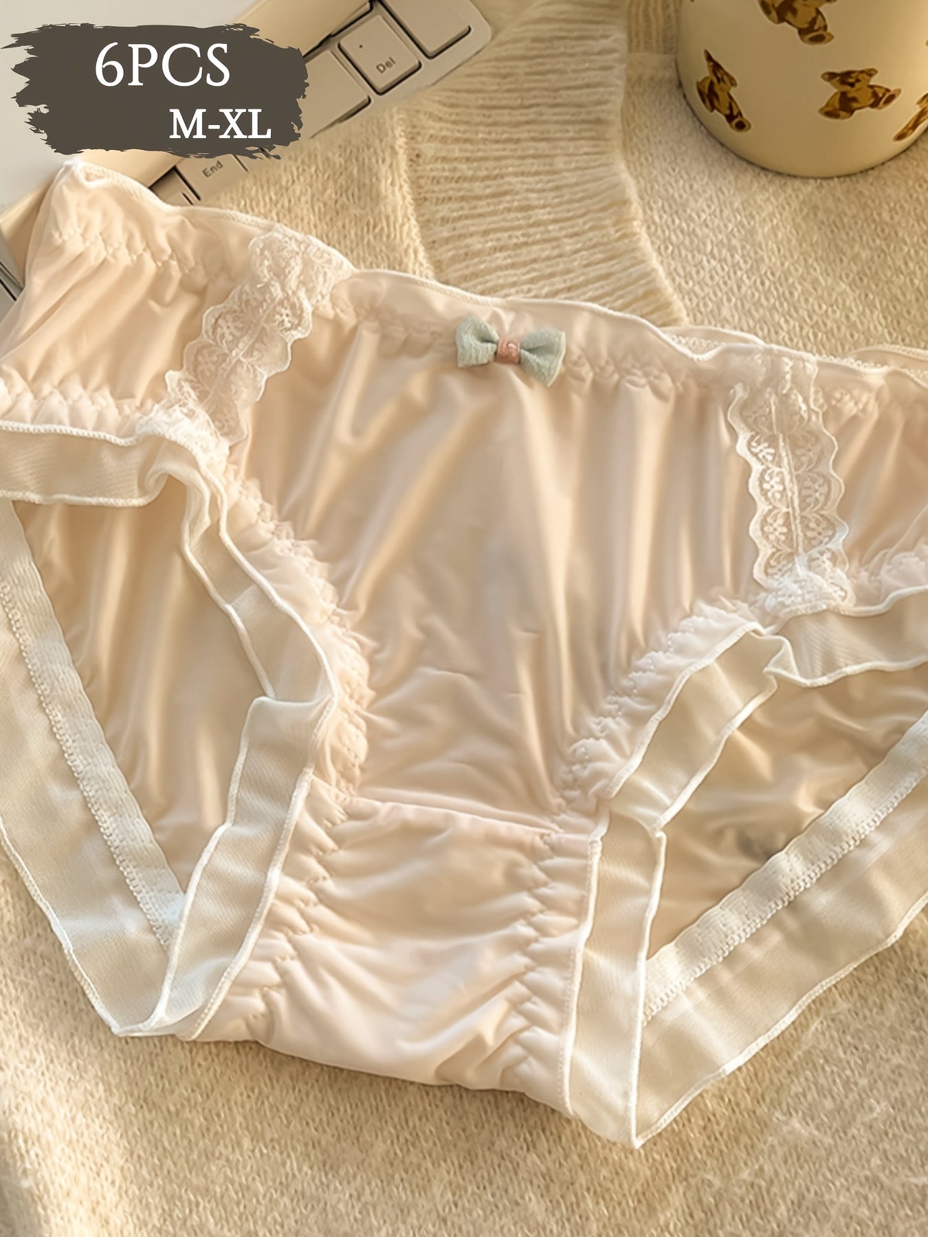 {6pcs} Lace Seamless Breathable, Comfortable, Soft, Light Beige Friendly, Sweet Bow Design Machine Washable Mid Waist Underwear