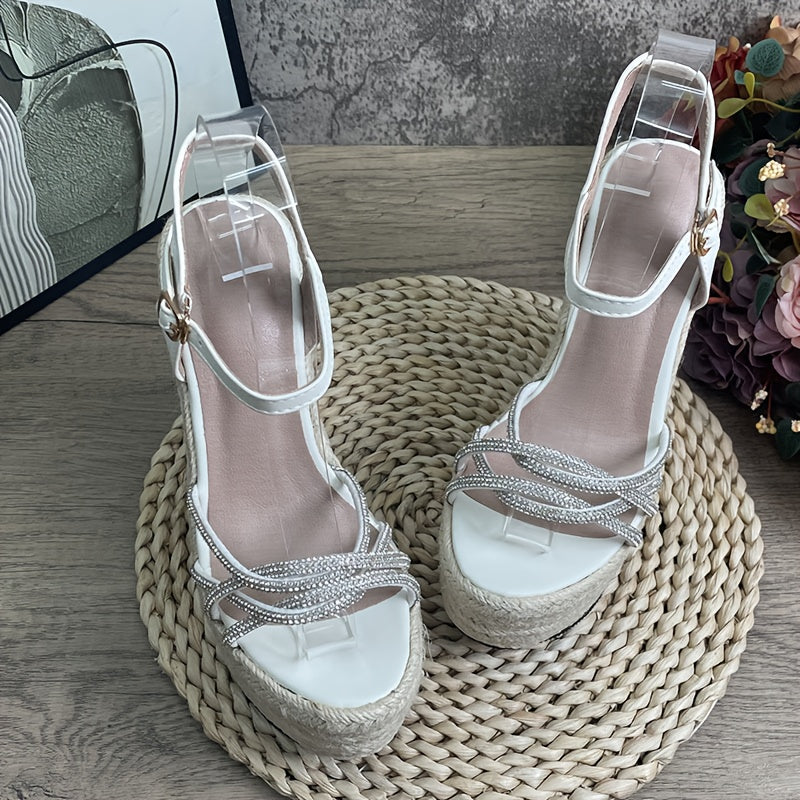 Women's Elegant Platform High Heel Sandals - Open Toe Formal & Casual Shoes for Parties, Office, Everyday - Beige/with Metallic Buckle Closure - Thick Platform Wedge Heel - Cushioned Insole & Non-Slip Rubber Sole