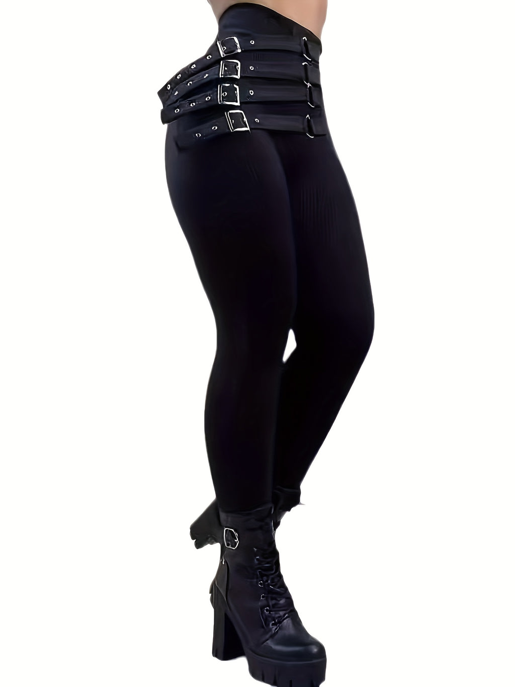 1pc Women'S Sexy Polyester Leggings with Fashion Belt, Solid Color Stretchy Knit Pants for All Seasons, Adult Fit