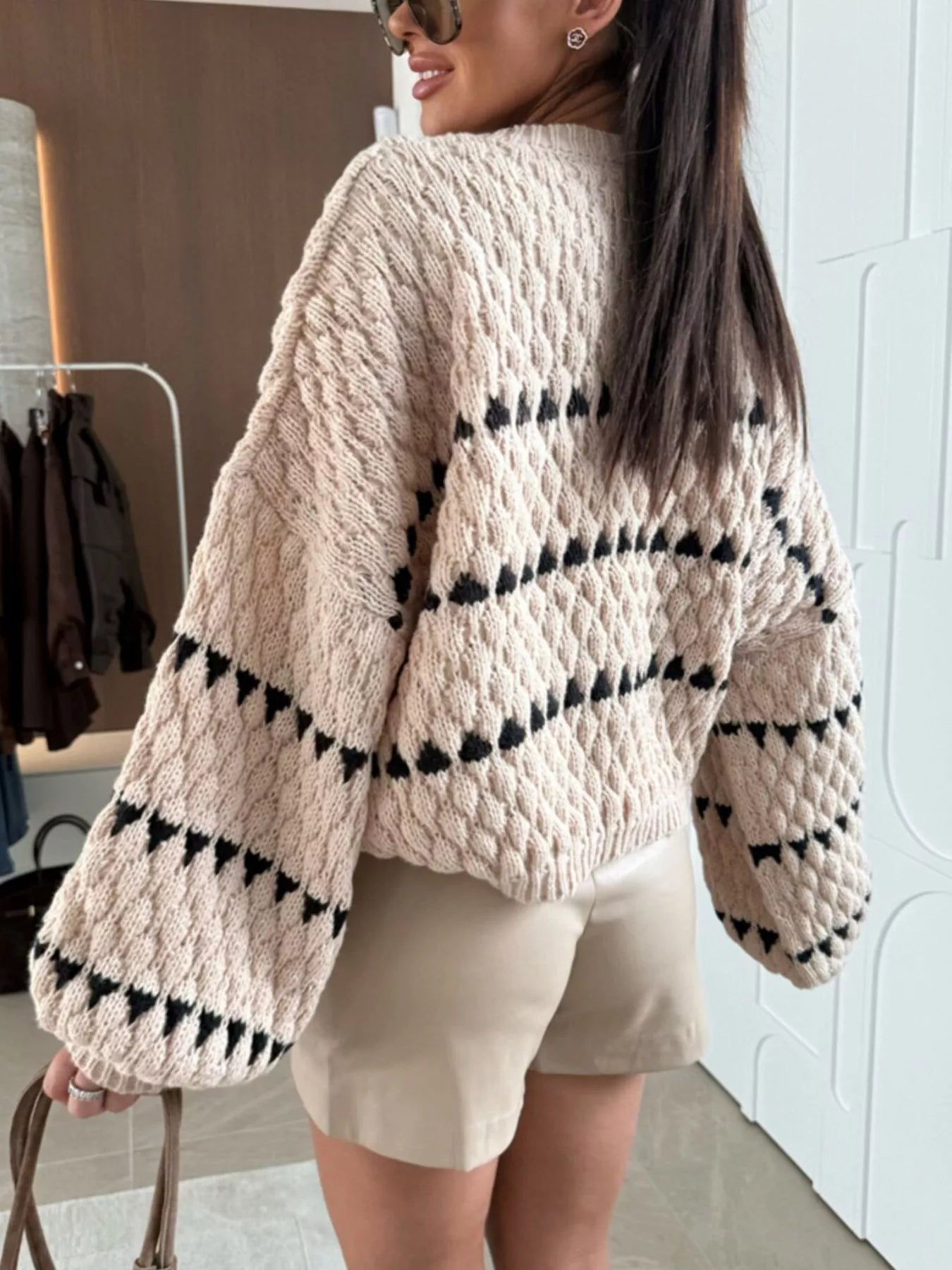 Chunky Knit Striped Sweater with Balloon Sleeves