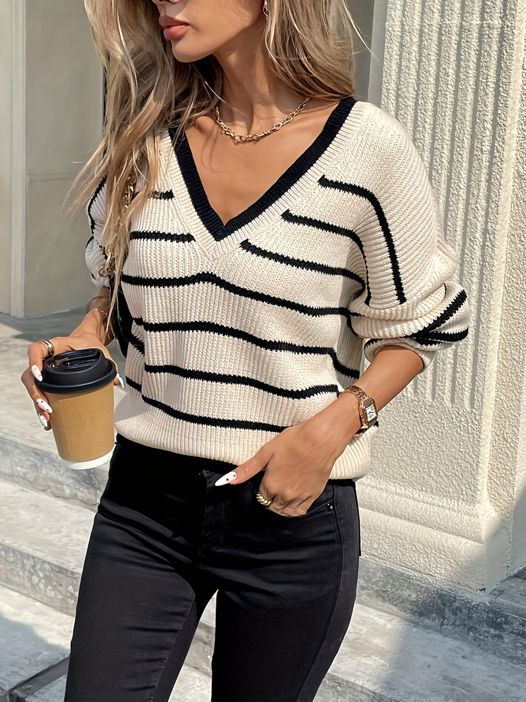 Women'S Elegant French-Inspired Striped V-Neck Sweater with Tie-Back Detail - Casual Long Sleeve Pullover for Fall/Winter, Black & White Vertical Stripes, Button-Up Front, Loose Fit, Casual Winter Wear | Vneck Sweater | Const