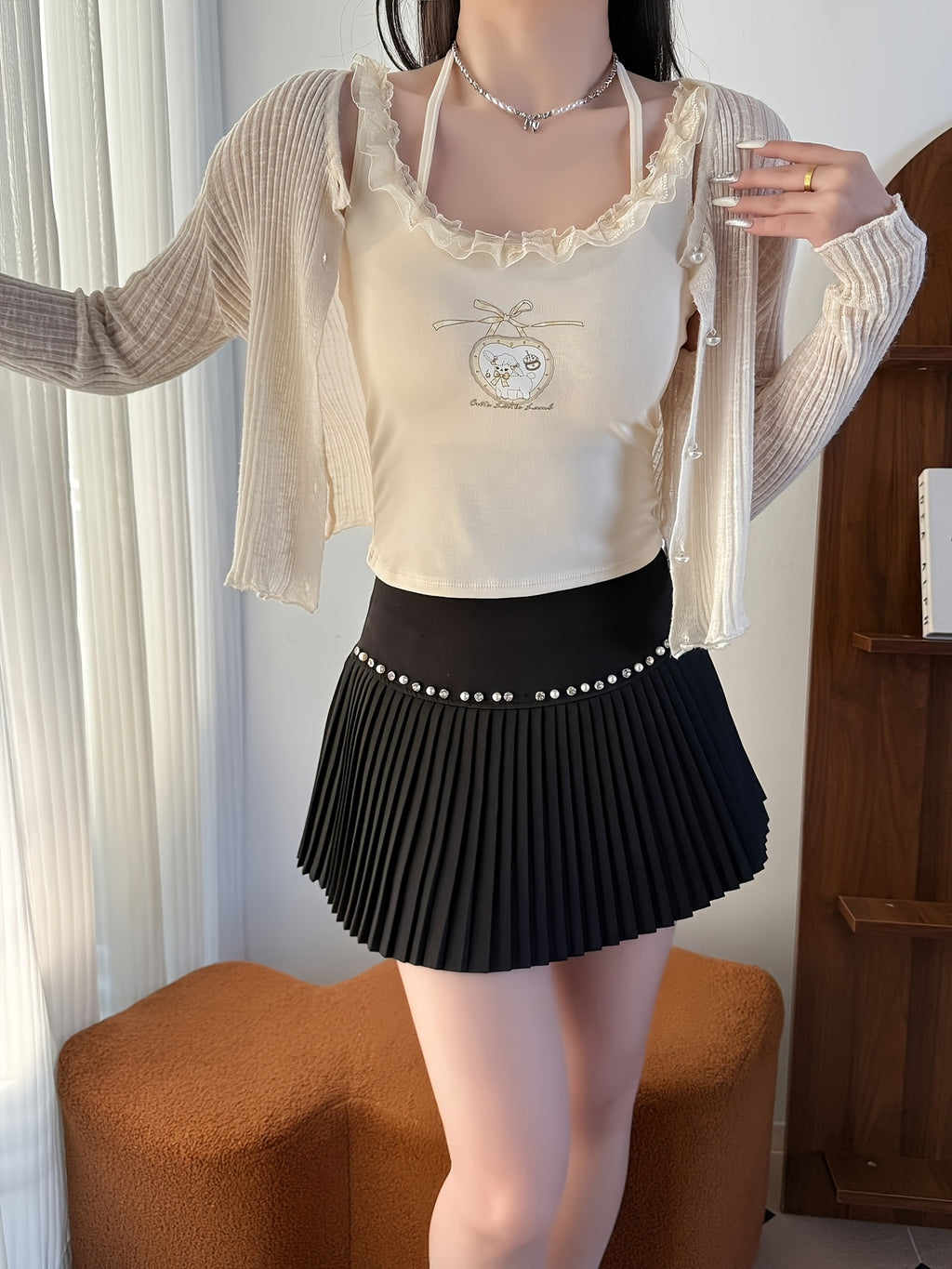 {4pcs} Cute Little Lamb Lace Trim Sleeveless Spaghetti Strap Tops with Built-in Bra Pads