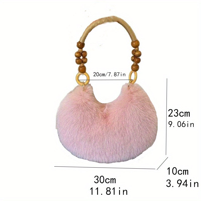 Women'S Plush Faux Fur Handbag with Wooden Handles - Soft Beige & Brown, Zipper Closure, Perfect for Fall/Winter, Casual & Commuting, Versatile for Everyday Use, Casual Carryall | Plush Faux Fur Bag | Zipper Closure Bag