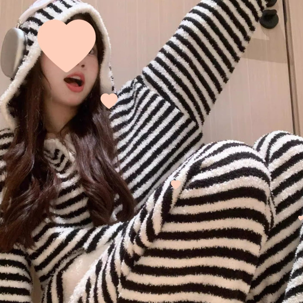Winter Hooded Striped Pajama Set for Women, Cozy Wearable Loungewear
