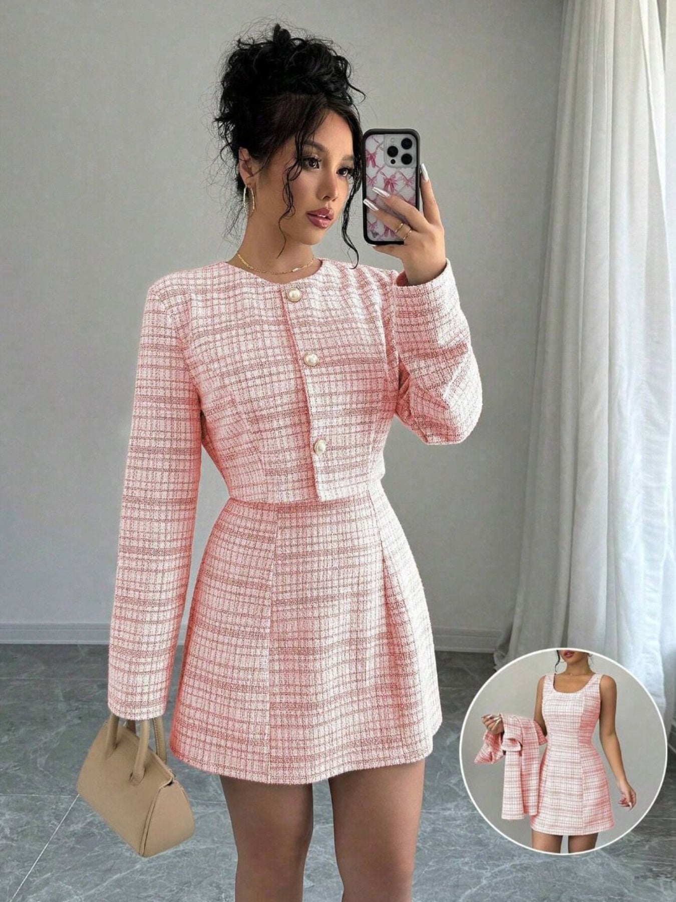 Women'S Fall/Winter Fashionable Elegant Dress Two- Piece Set- Single- Breasted Short Coat+ French Retro Tweed Dress