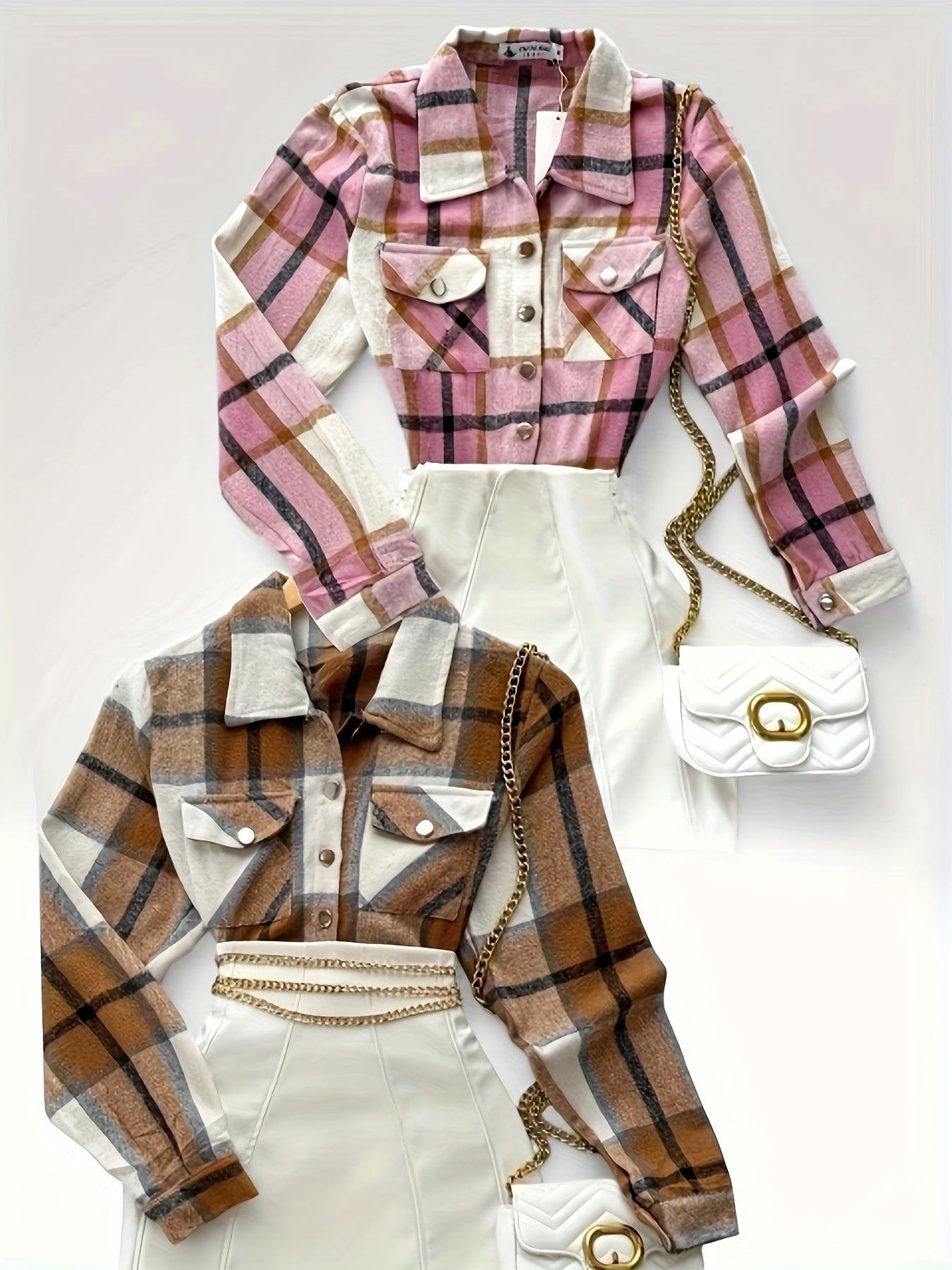 Women'S Plaid Shirt Set - Casual Long Sleeve, Button-Up, Square Neck, Short Length, Fall/Winter Collection, Casual Attire|Plaid Pattern|Sleeveless Shirt