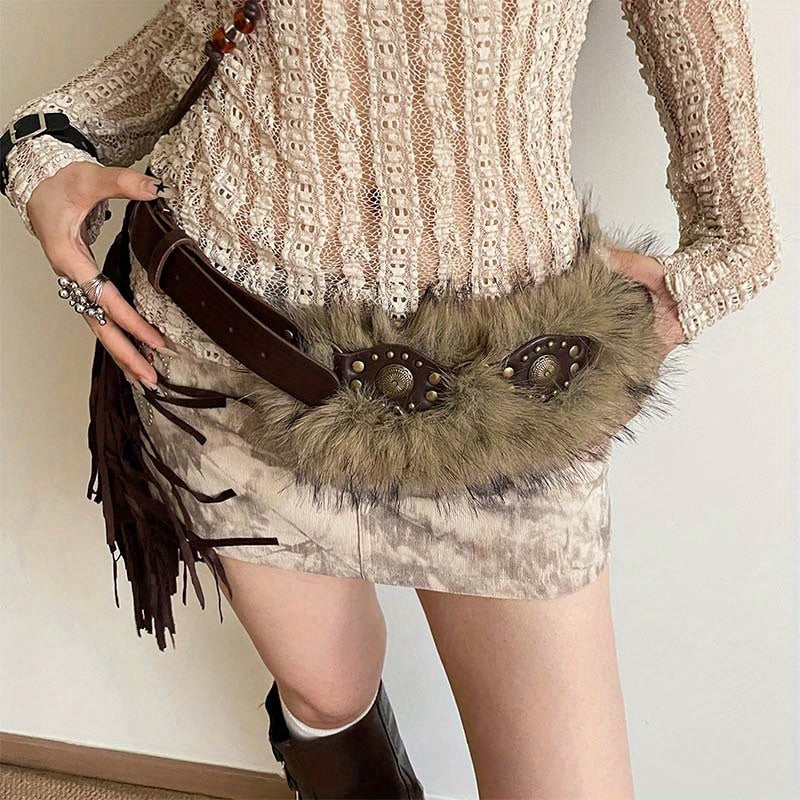 PU Belt - Coffee Brown With Fluffy Fur Accent