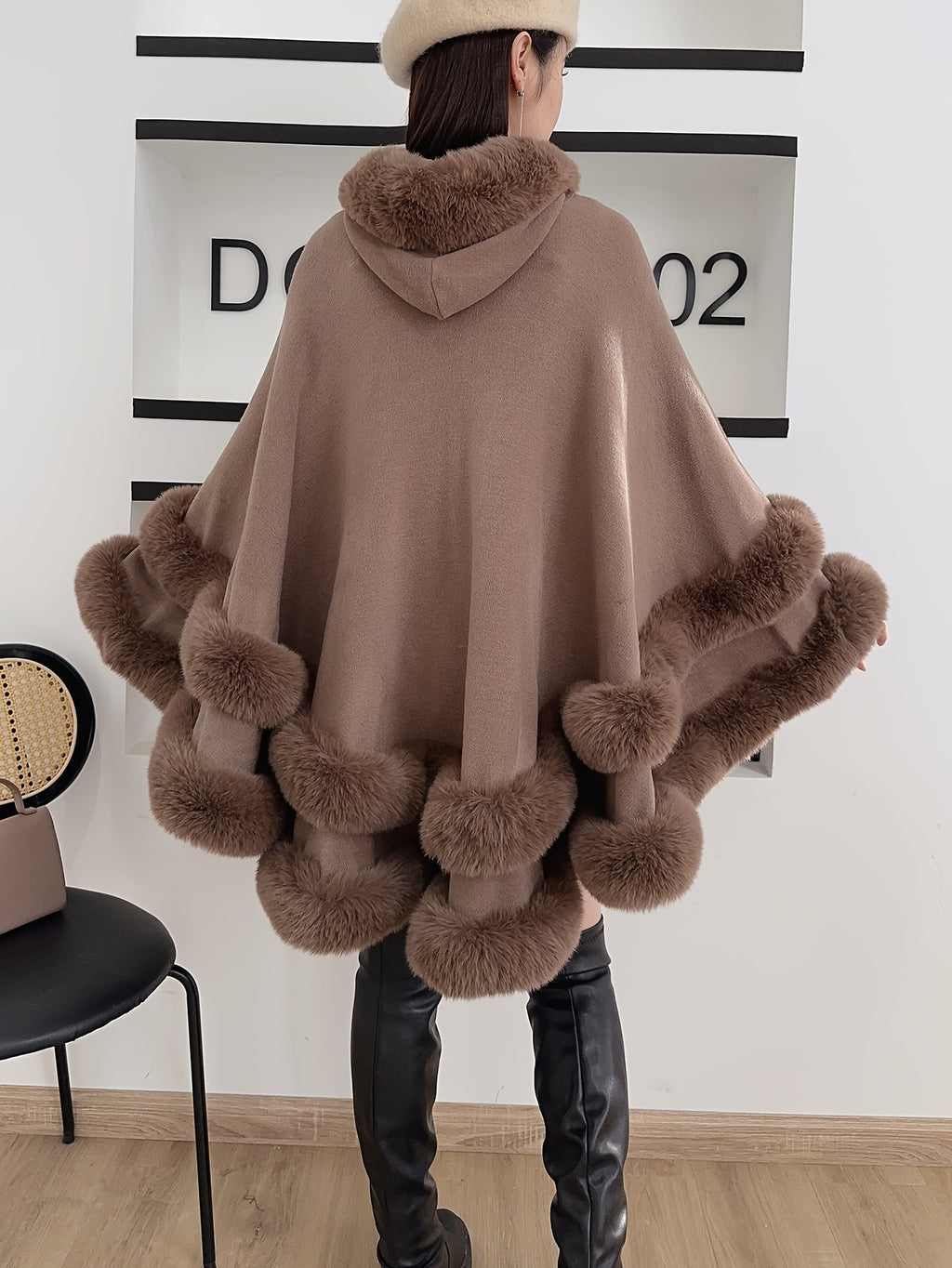 Faux Rabbit Fur-Lined Hooded Cape