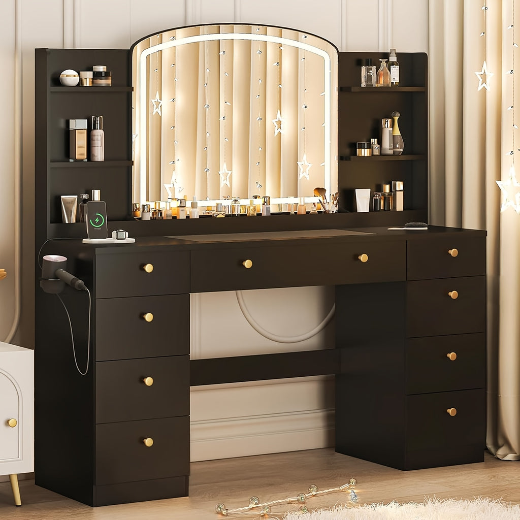 Modern White Makeup Vanity Desk with Large LED Mirror & Charging Station