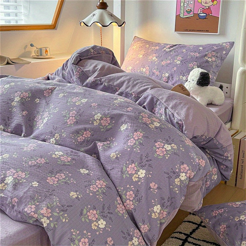Hibiscus Pattern Fresh Style 4pcs Bedding Set (1 Duvet Cover + 1 Fitted Sheet + 2 Pillowcases)