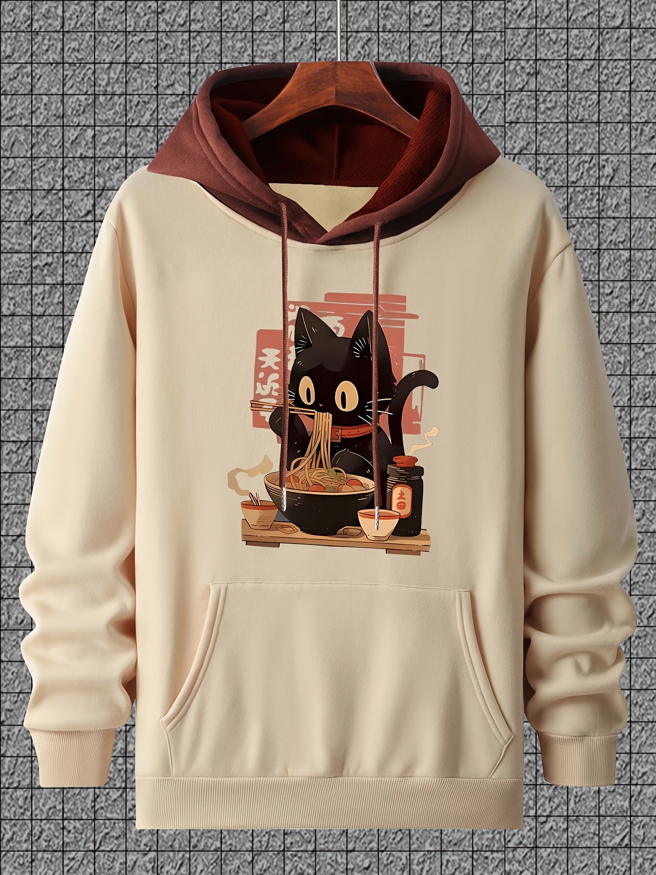 Casual Polyester Hoodie with Black Cat Eating Ramen Print