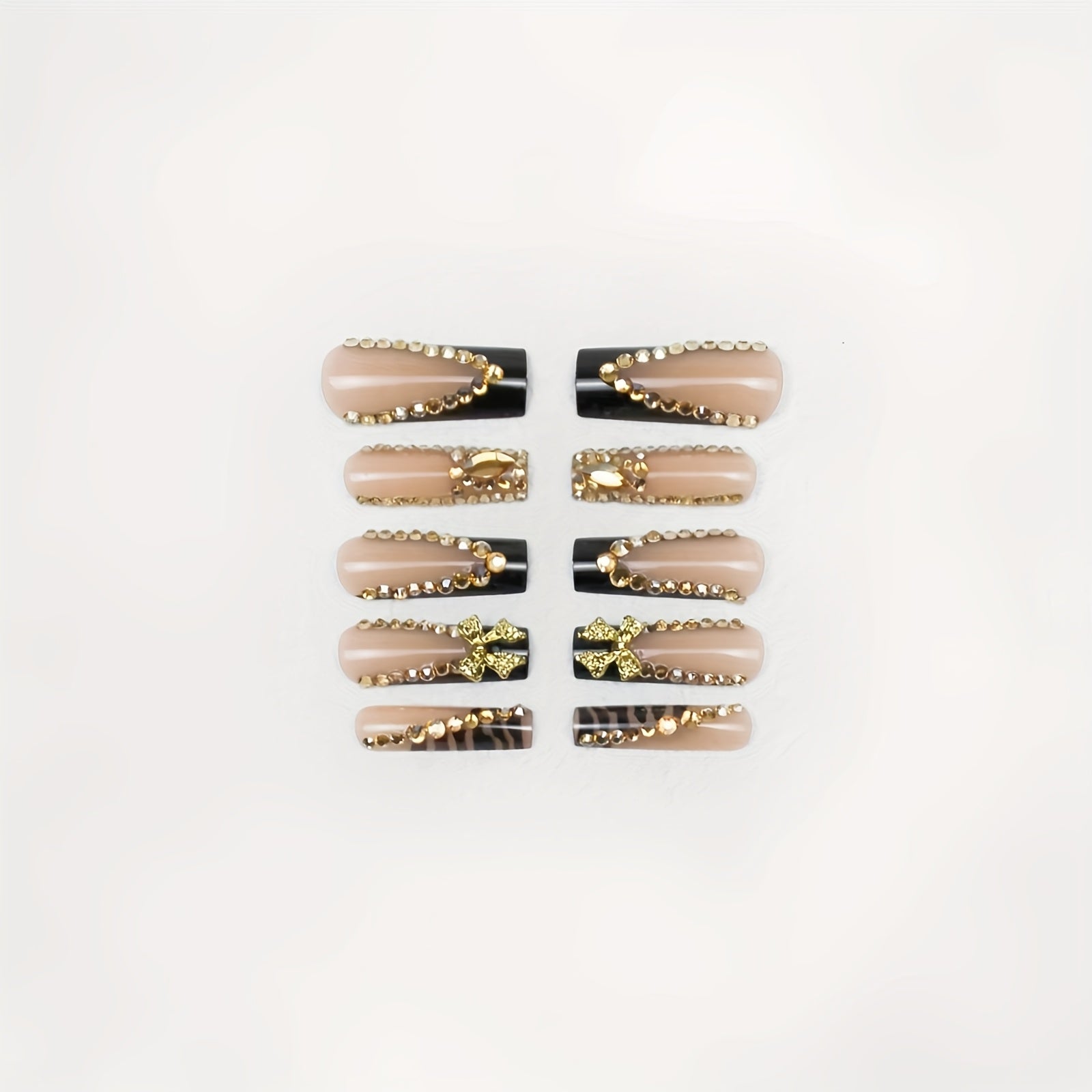 24pcs Long Square Press On Nails Black Nail Tips Fake Nails XXL/XXXL Long Square with 3D Black Bowknot & Golden Rhinestone Luxurious Style for Women Nails Art