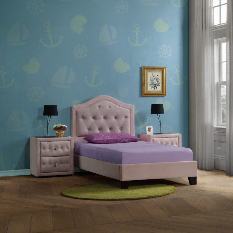 Mauve Velvet Tufted Nightstand with Crystal Knobs - 2-Drawer Upholstered Bedside Table