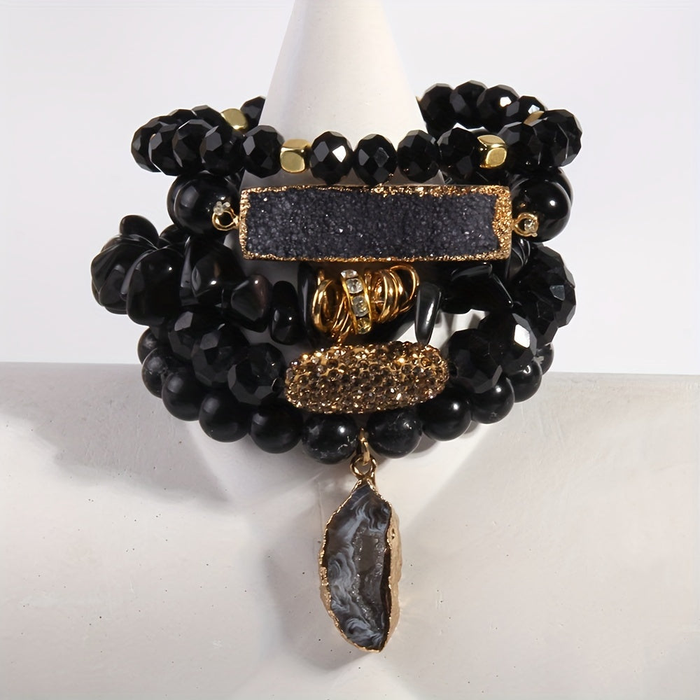 5pcs Boho Beaded Bracelet Set, Stackable Multi-Layer Handmade Stretch Bracelets, Bohemian Elegant Style Suitable For Women Stackable