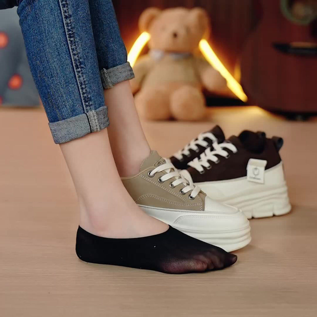 Women's Low-Top Lace-Up Sneakers - Beige/ White Faux Cover-like Synthetic Cover Arch Moccasin-Style Shoes with EVA Cushioned PVC Sole, Minimalist White Laces & Beige Traction Tread - All-Season Casual, Office, Gym, Walking Sh