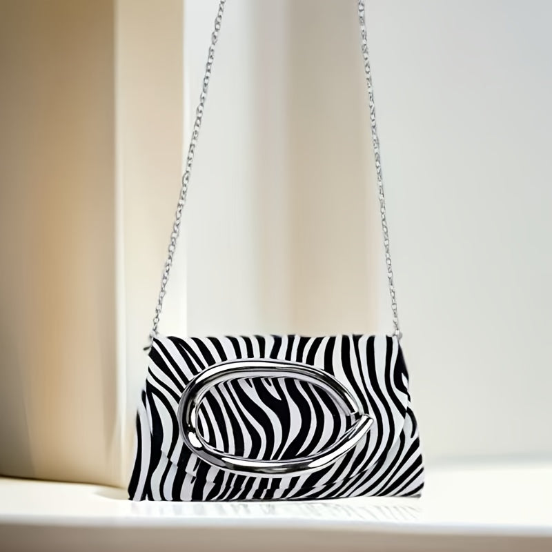 Women'S Elegant Evening Clutch Purse - Magnetic Closure & Detachable Chain Strap, Black & White Zebra Stripe Pattern, Corduroy Formal event bag for Parties, Weddings, Everyday - Luxury Party Handbag Gift for Women, Ladies Han