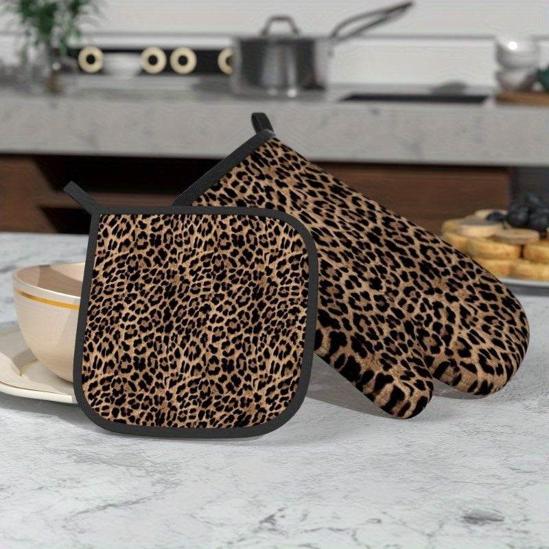 {2pcs} Heat-Resistant Oven Mitts & Pot Holders - Leopard Print Kitchen Gloves