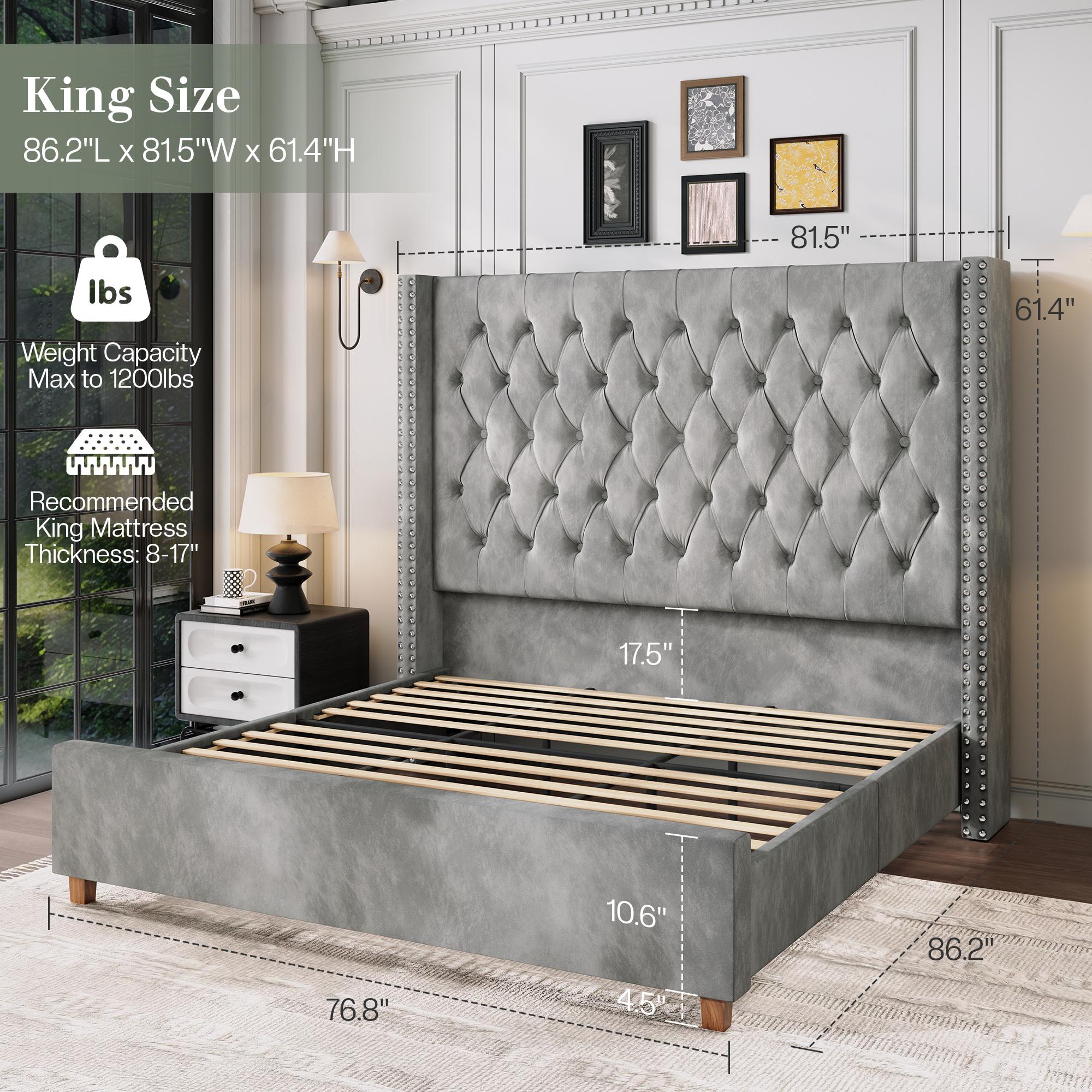 61.4" Tall Luxury Bed Frame with Tufted Wingback Headboard