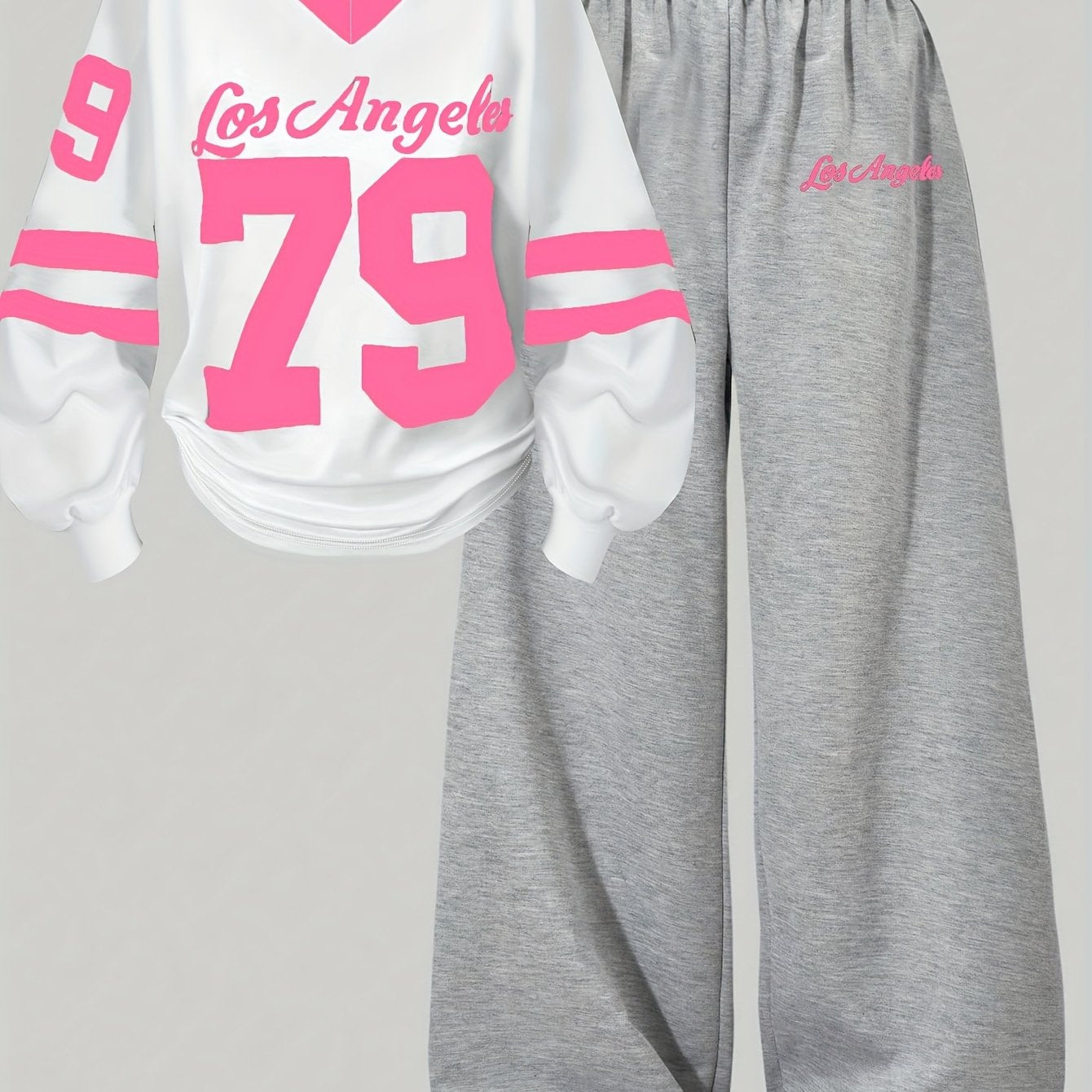 [2pcs} Digital Print Versatile V-Neck Top and Simple Wide-Leg Pants Set