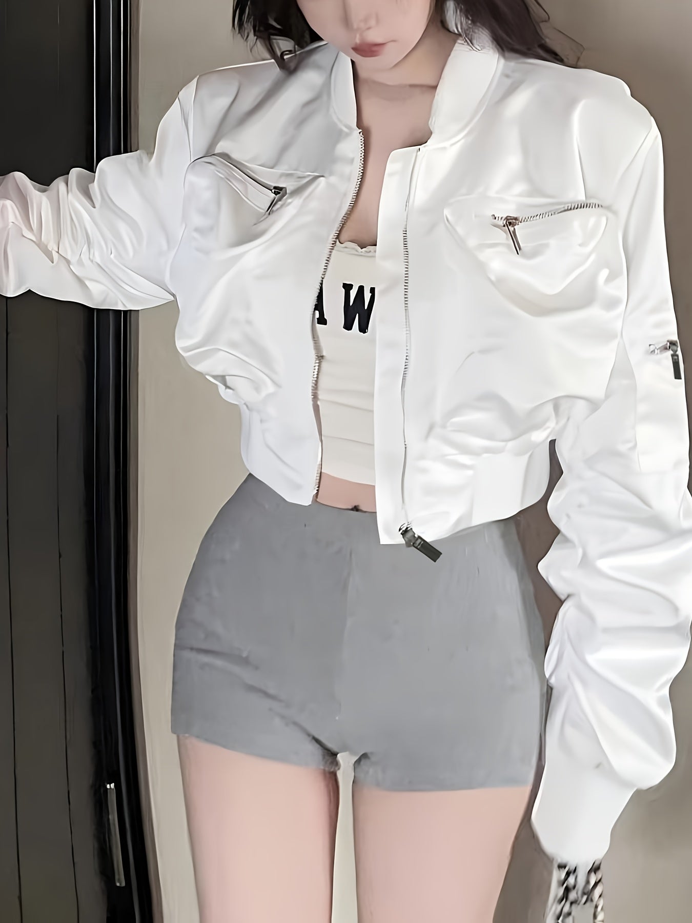 [Full-Zip Jacket] Women's Sexy Crop Jacket with Full-Zip Front Closure - White Oversized Fit & Full-Zip Back - Casual to Formal Outerwear - All-Season Short Coat (Machine Washable) - Full-Zip Jacket for Women - Chic Layering