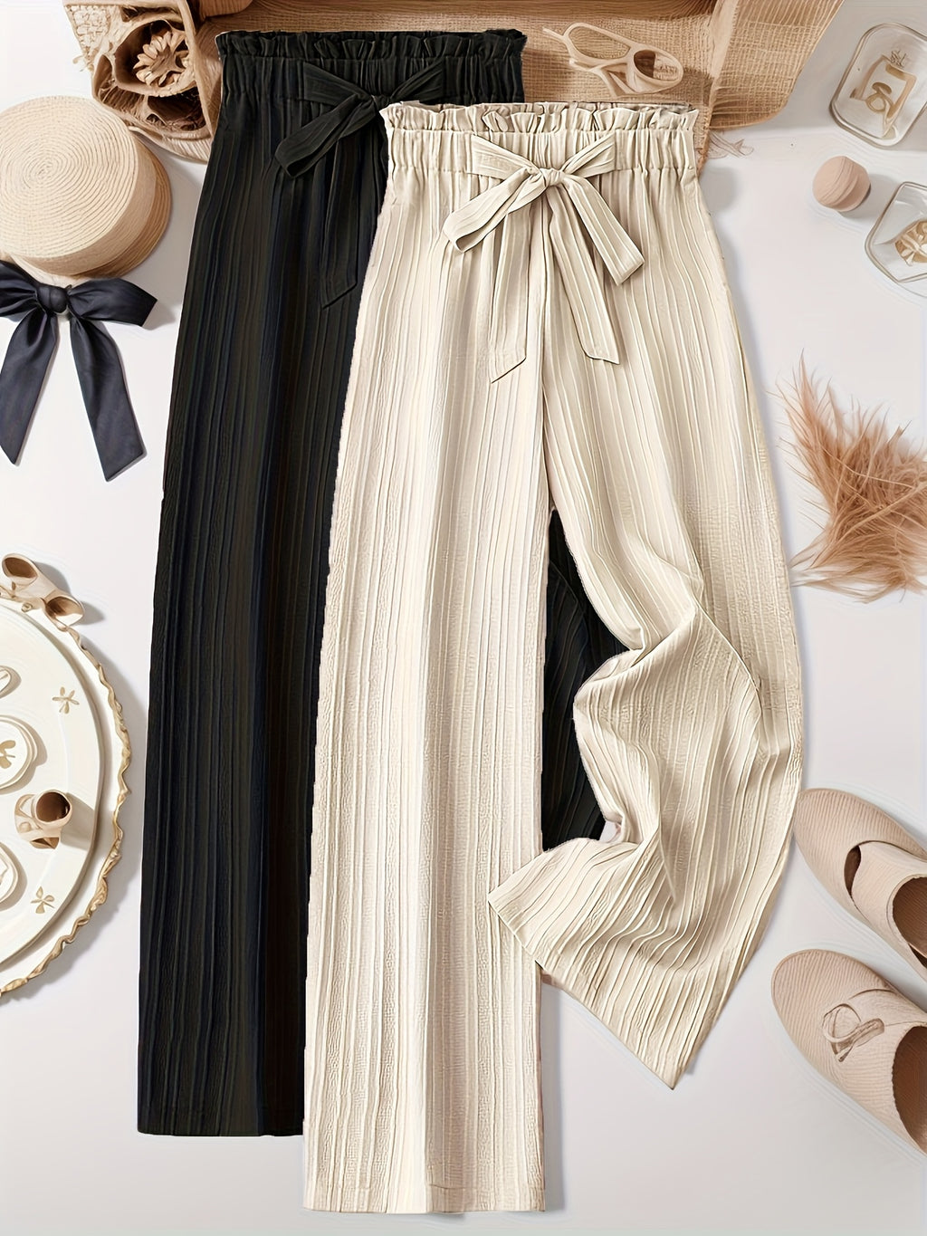 Two-Pack Pleated Striped Pants with Bow Detail