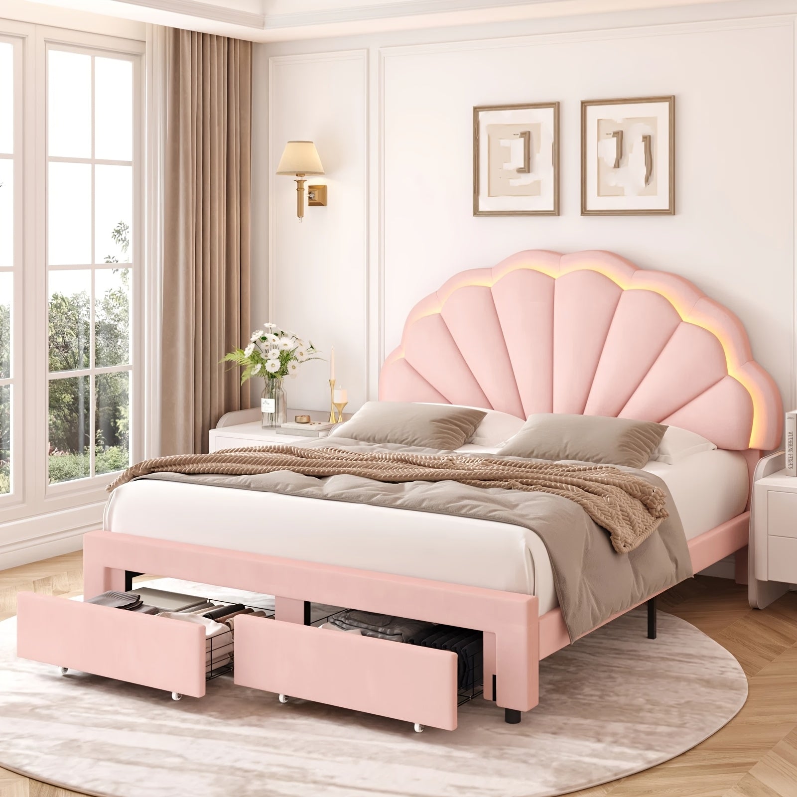 Velvet Upholstered Platform Bed With Adjustable Floral Headboard