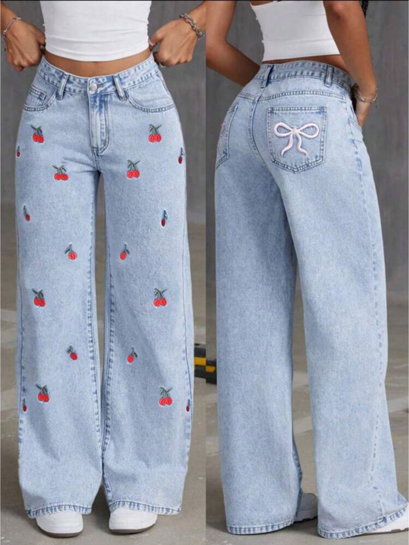 Light Blue High - Waisted Wide - Leg Jeans. Two Styles: Bow Embroidery & Cherry Embroidery