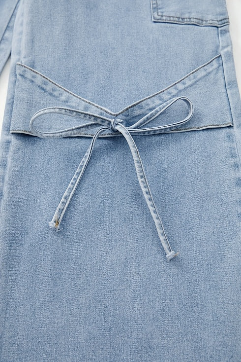 Denim Curved Bow Side Pocket Straight Trousers