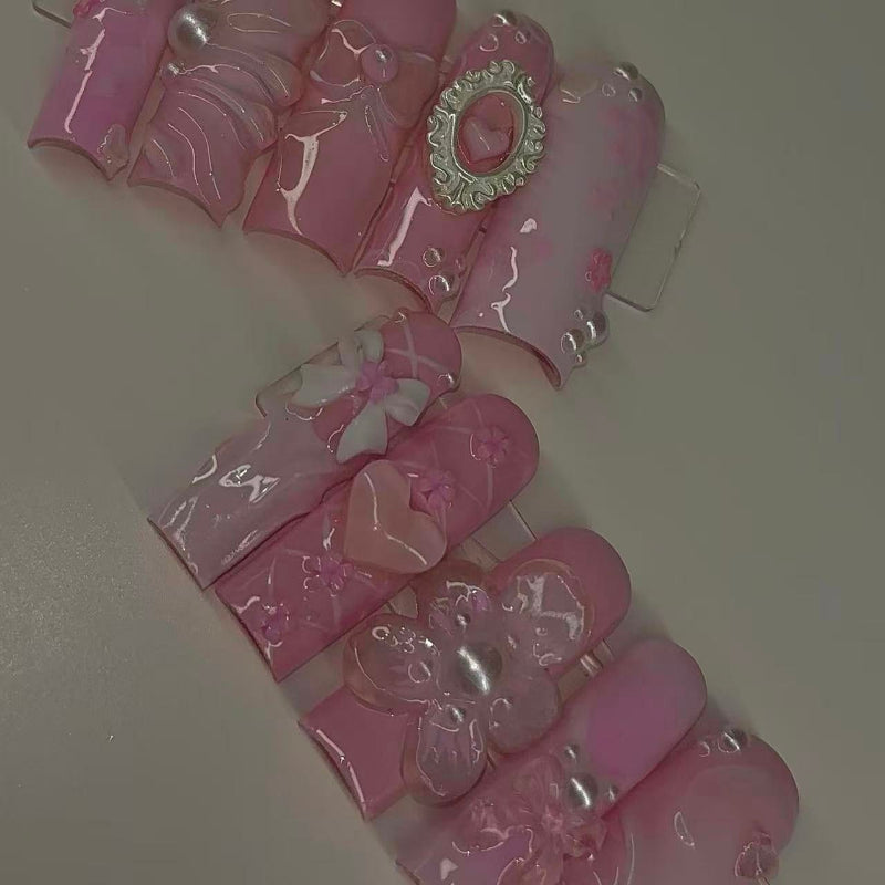 10pcs Full Coverage Reusable Nail Stickers - Long Rectangular Shape with Pink & Gradient, Glossy Finish, Heart & Flower Design, Perfect for Valentine'S Day, And Romantic Nail Art, Nail Stickers For Nail Art, Valentine'S Day N