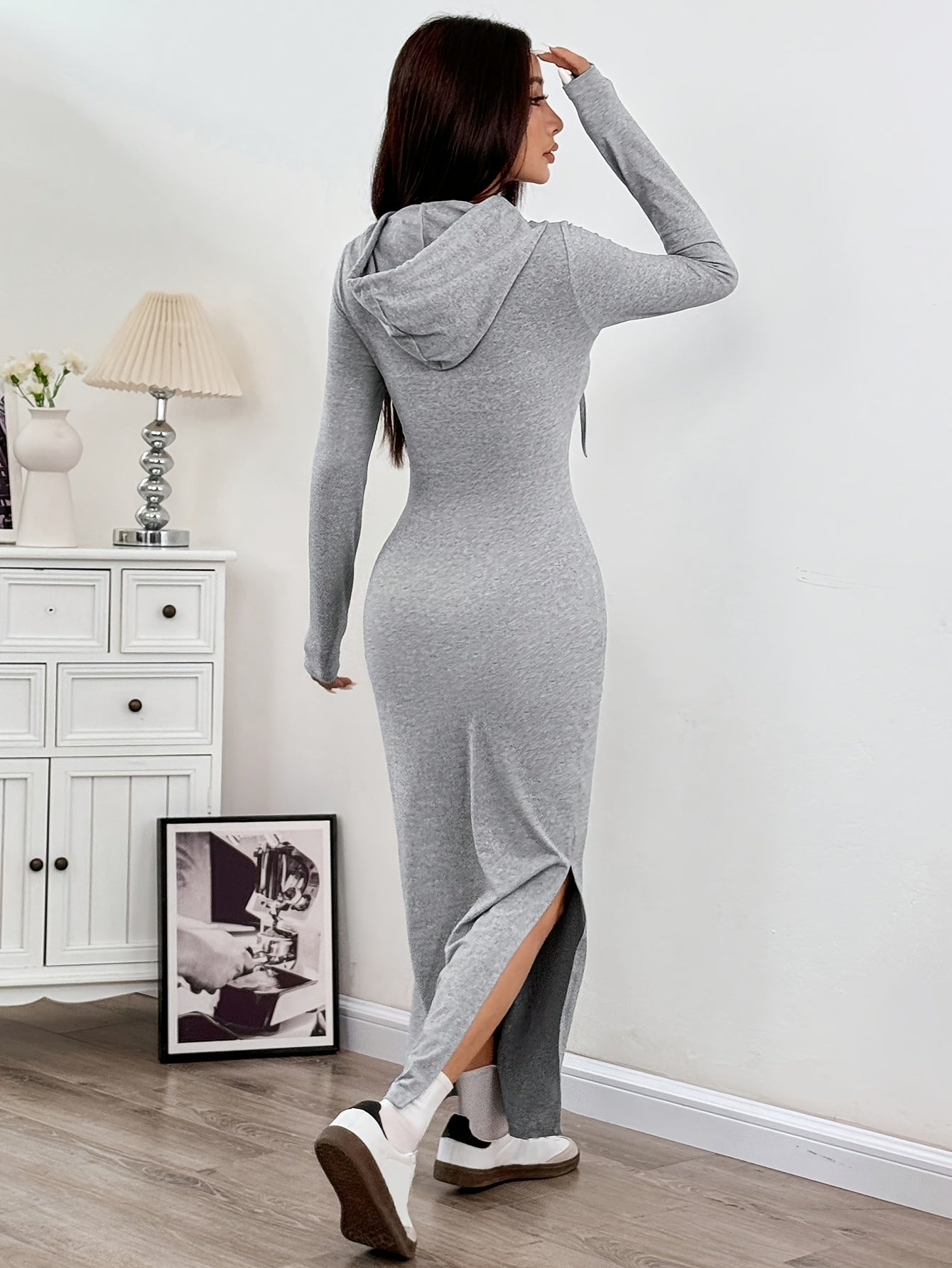 Women'S Stylish Long-Sleeve Hooded Maxi Dress - Casual Spring/Autumn Split-Hem Bodycon Dress in Solid Color, Grey, with Detachable Shoulder Straps and Kangaroo Pocket, Cute Dresses