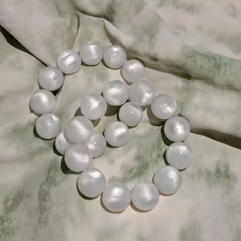 Elegant Bohemian White Cat's Eye Stone Resin Beads Bracelet - 16mm Large Smooth Spherical Beads