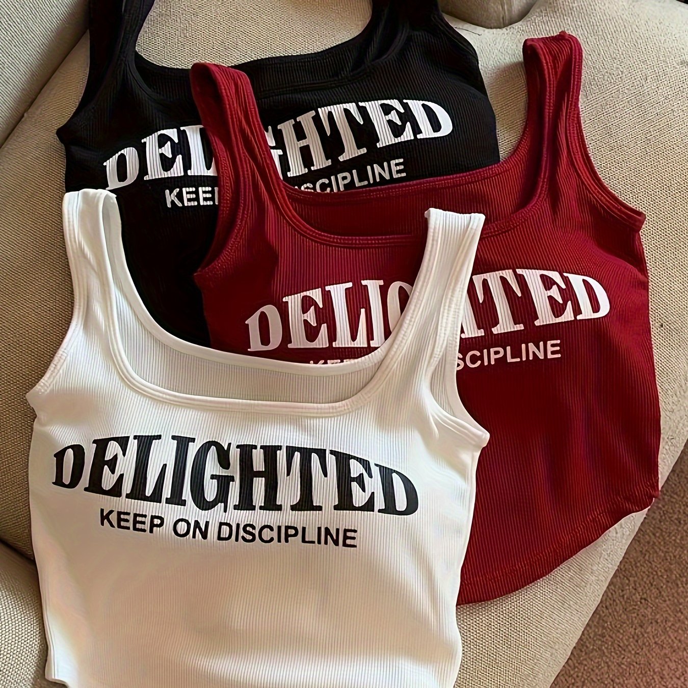 3pcs Casual Knit Fabric Sleeveless Tops with Built-In Non-removable Padding