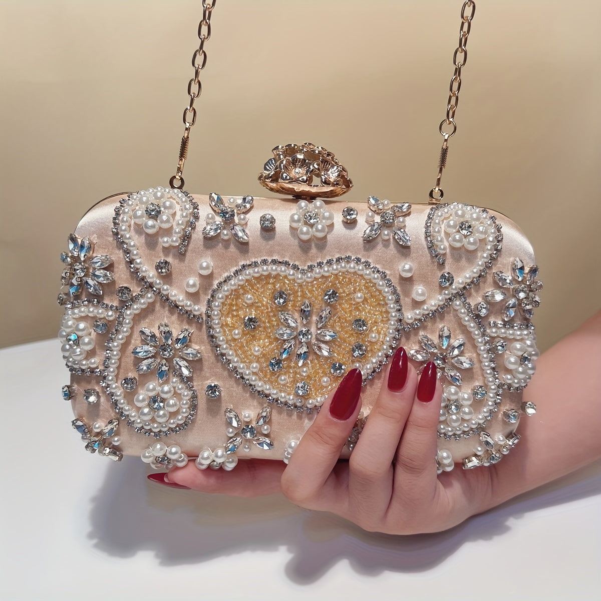 Beaded Clutch Handbag with Detachable Strap