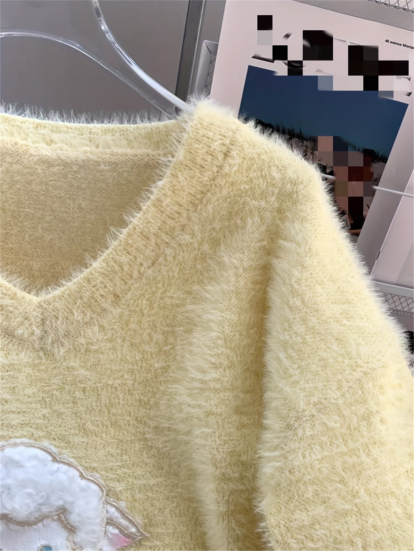 Soft Fluffy V-Neck Sweater Sweater with Lamb Appliqué