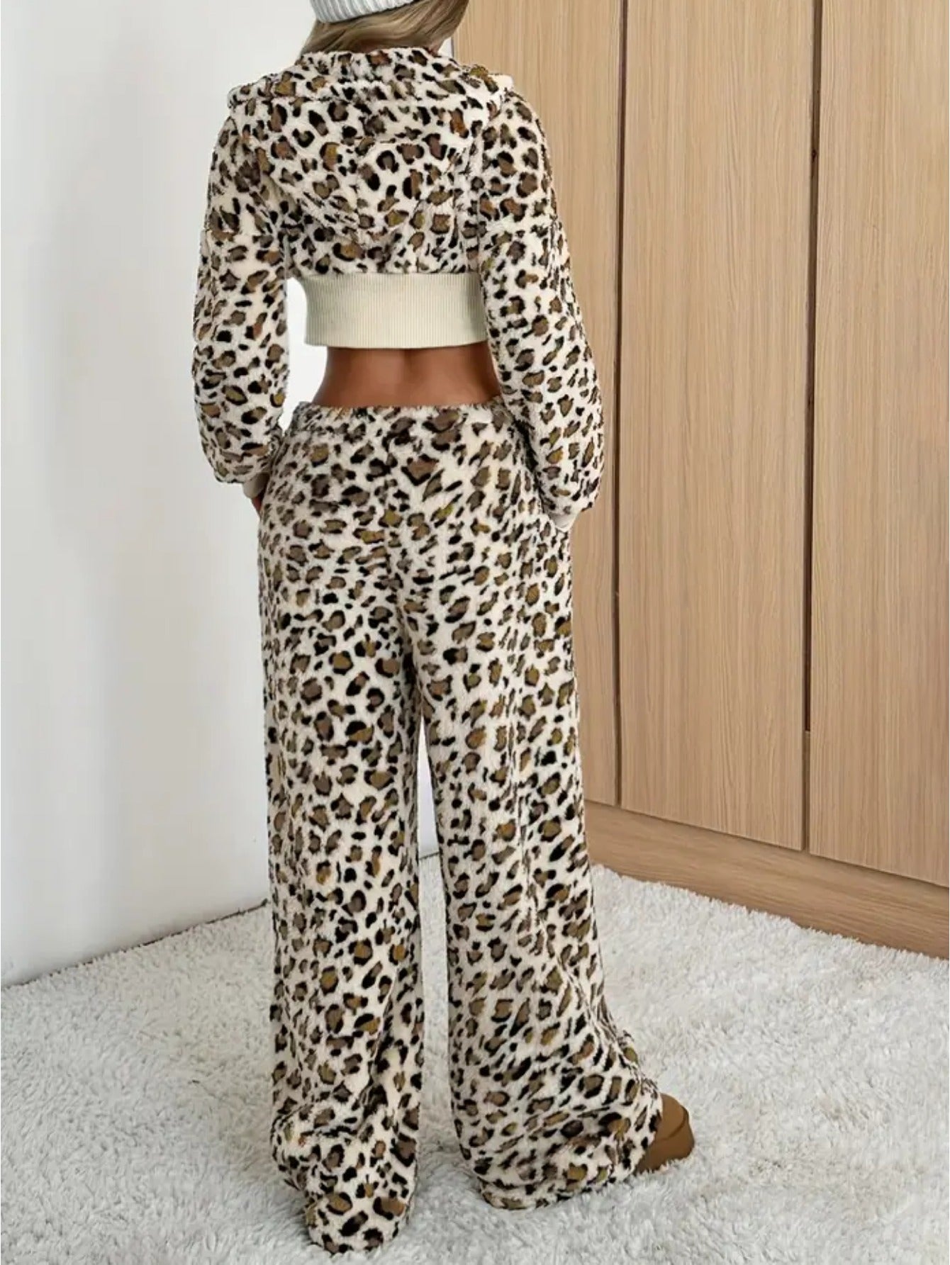 Leopard Print Cropped Jacket + Wide-Leg Pants Set
