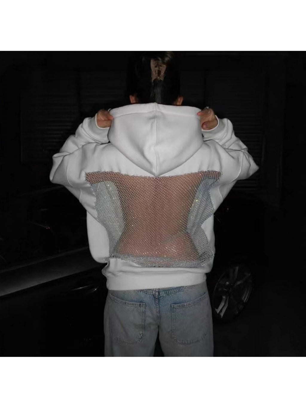 Semi-Sheer Mesh Hooded Sweatshirt