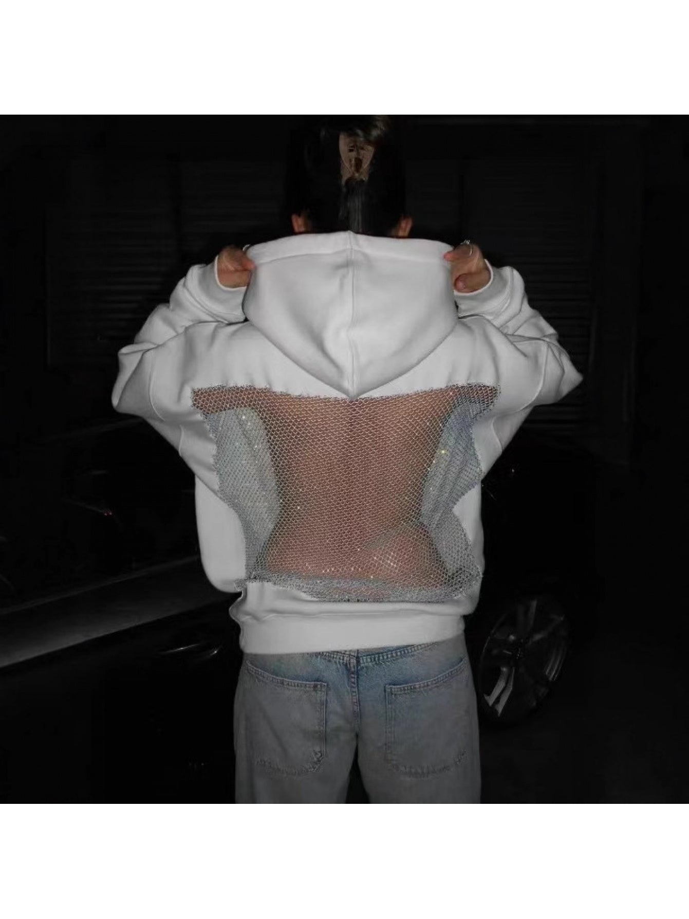 Semi-Sheer Mesh Hooded Sweatshirt