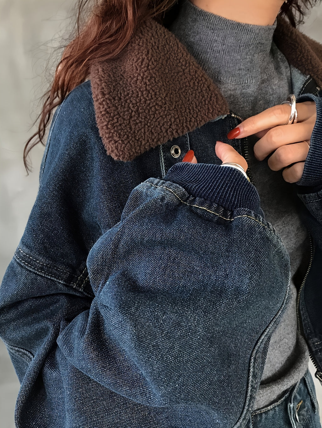 Denim Jacket with Teddy Fleece Collar & Lapel