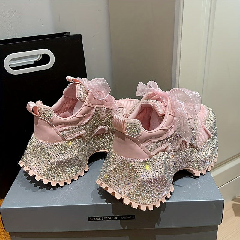 Rhinestone-Embellished Sneakers with Thick Platform Sole