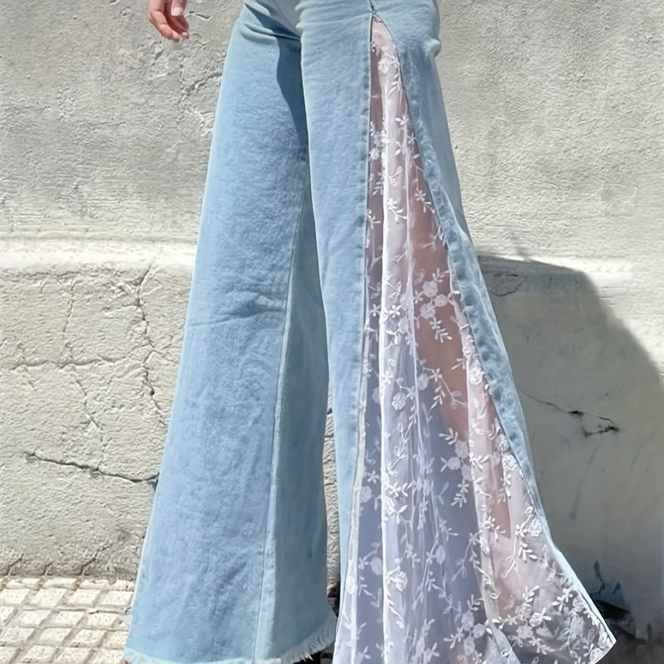 Denim Flared Trousers with Lace Stitching