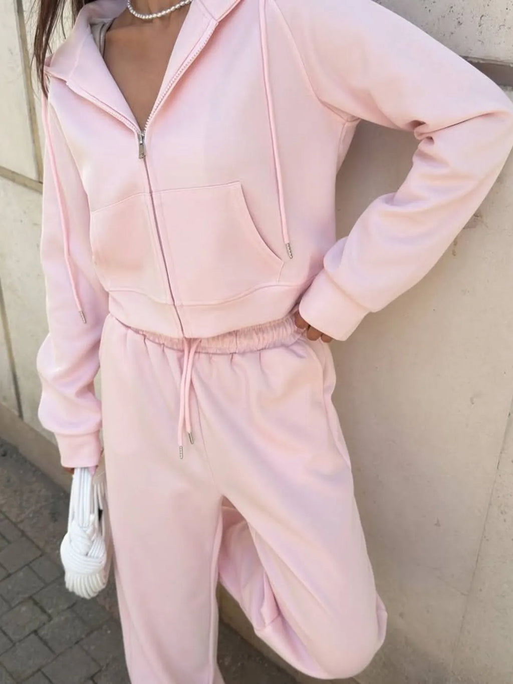 Zip Up Drawstring Hoodie and Pants Set